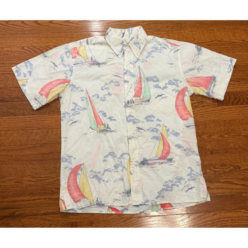 Vintage Reyn Spooner Hawaiian Shirt Fits Mens Small White Sailboats Nautical